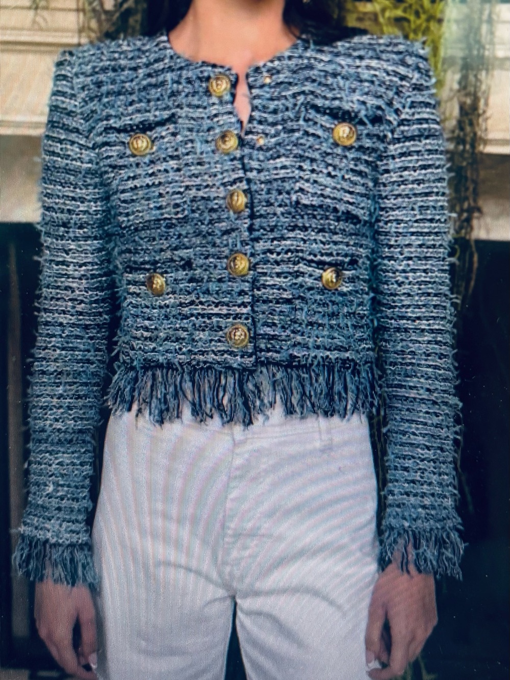 Benaar LA cropped navy/blue tweed jacket, size L